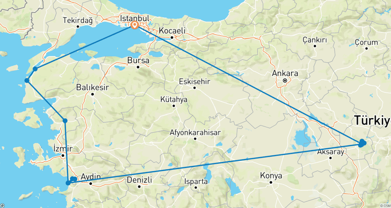 10日間のトルコ料理とワインの旅のルートマップ