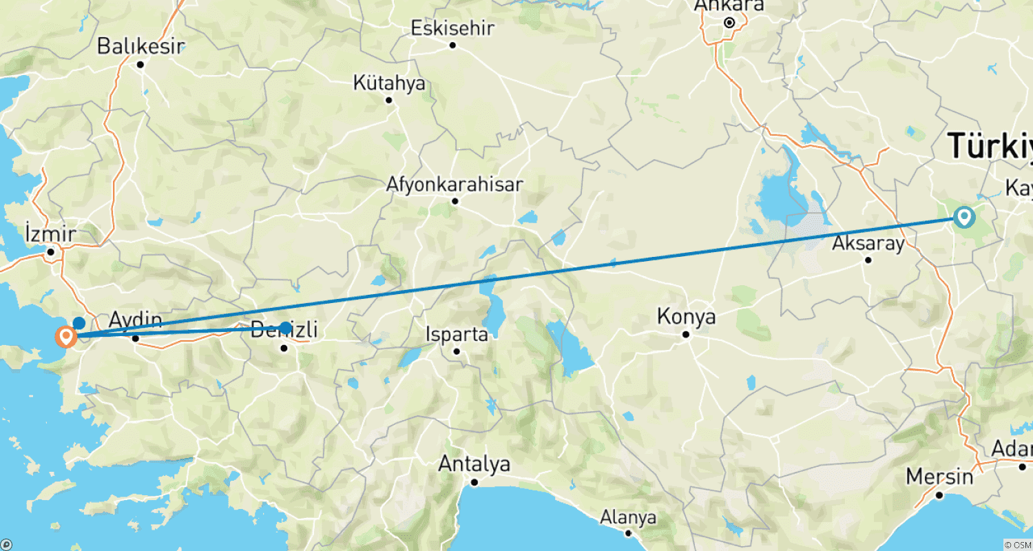 Mapa do percurso de 6 Days Cappadocia – Pamukkale – Ephesus Tour