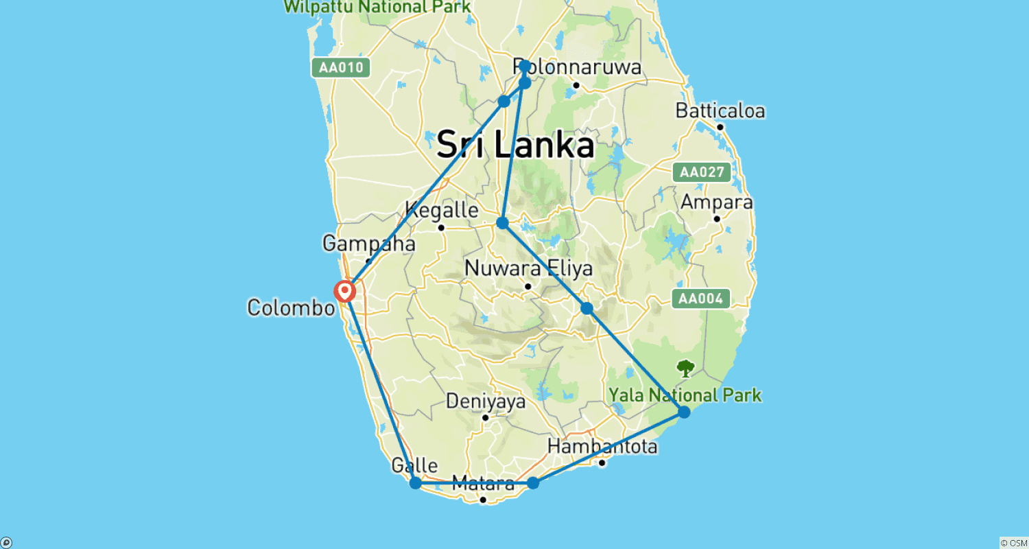 Mapa trasy: Dwa tygodnie wakacji na Sri Lance