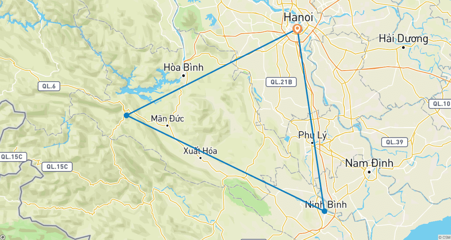 Mapa do percurso de Viagem de Bem-Estar no Vietnã para Mai Chau, Ninh Binh partindo de Hanói