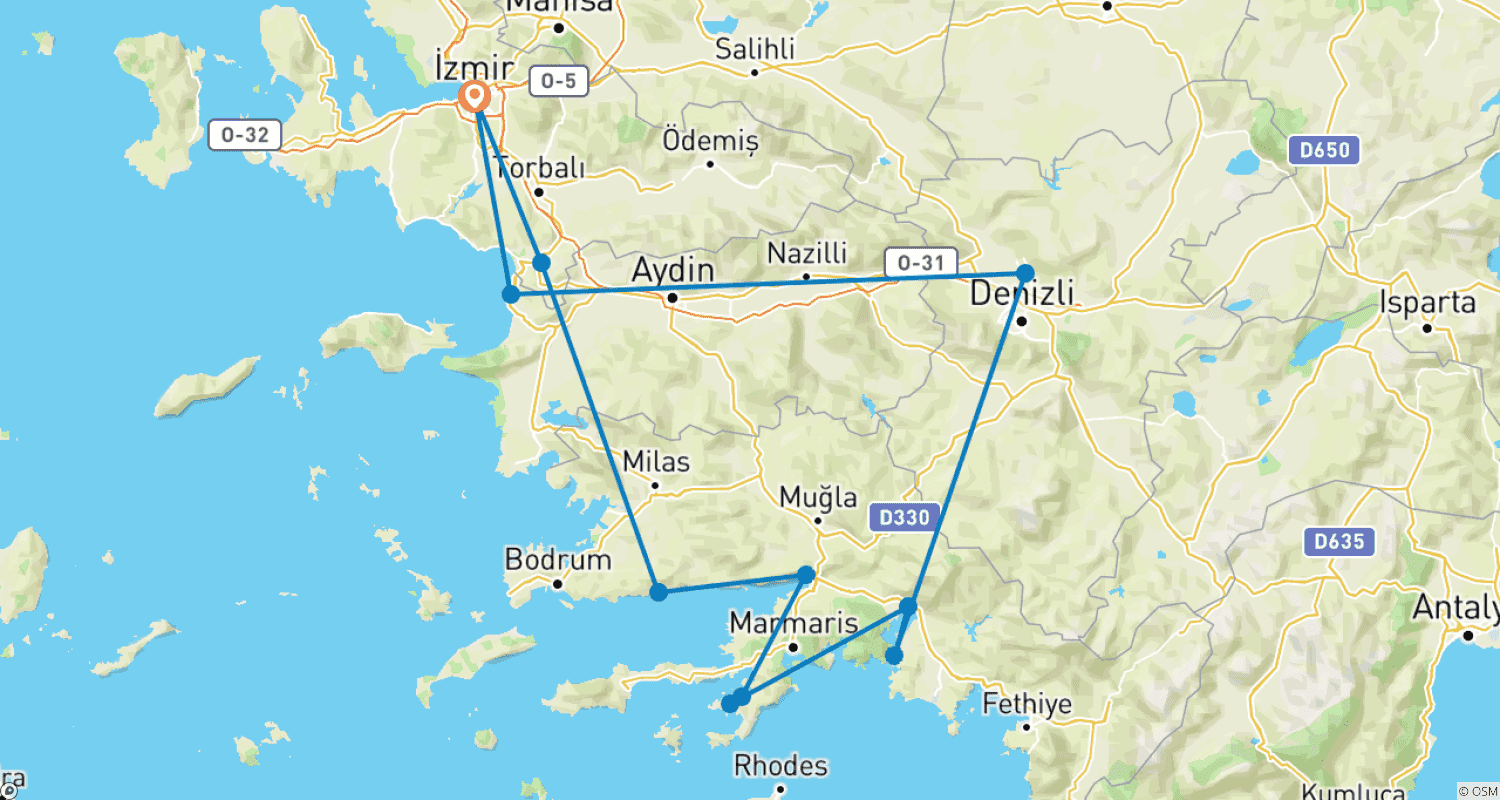 Mapa do percurso de Passeio de Bicicleta de 8 Dias na Turquia: do Egeu ao Mediterrâneo