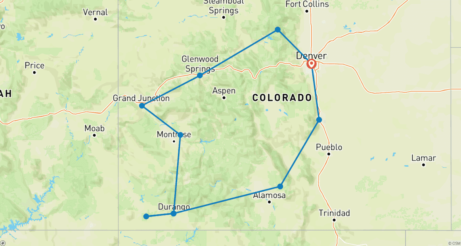 Mapa do percurso de 8 Dias Pelos Parques Nacionais do Colorado: Montanhas, Desertos e Cânions