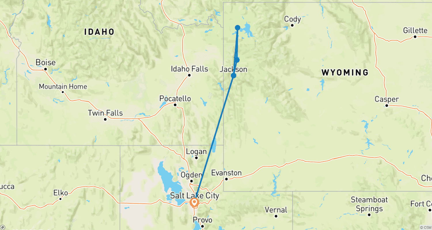 7日間究極の冬の旅：Yellowstone & Grand Tetonのルートマップ
