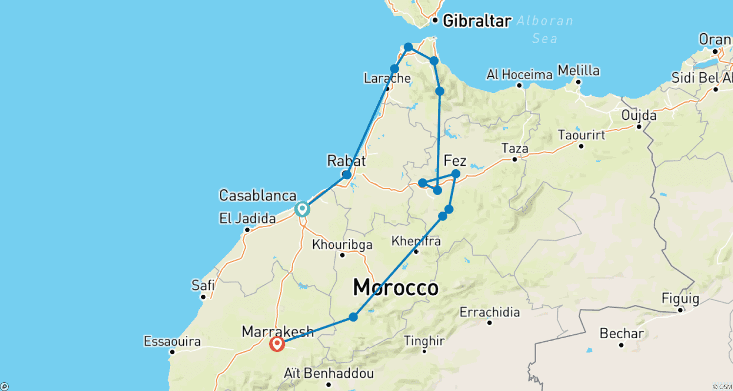 Mapa do percurso de Excursão de 9 Dias de Casablanca a Marraquexe via Cascatas de Ouzoud