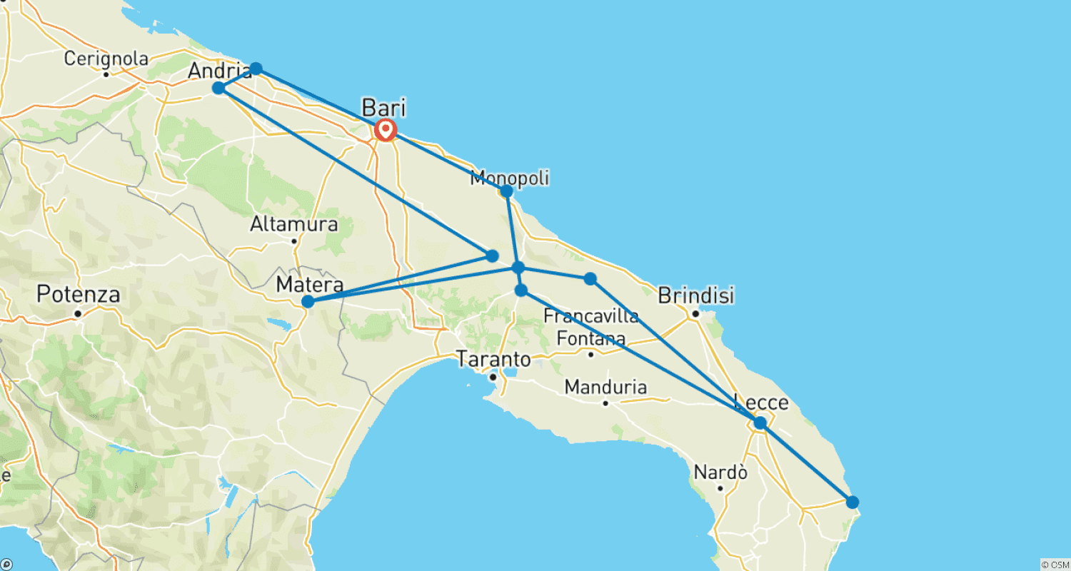 Mapa do percurso de Destaques da Puglia, Tour de 8 dias de Bari a Bari
