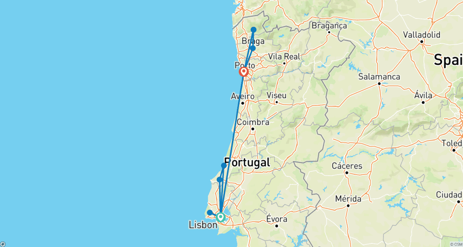 Mapa do percurso de Tour Gastronômico e de Vinhos de 8 Dias por Portugal
