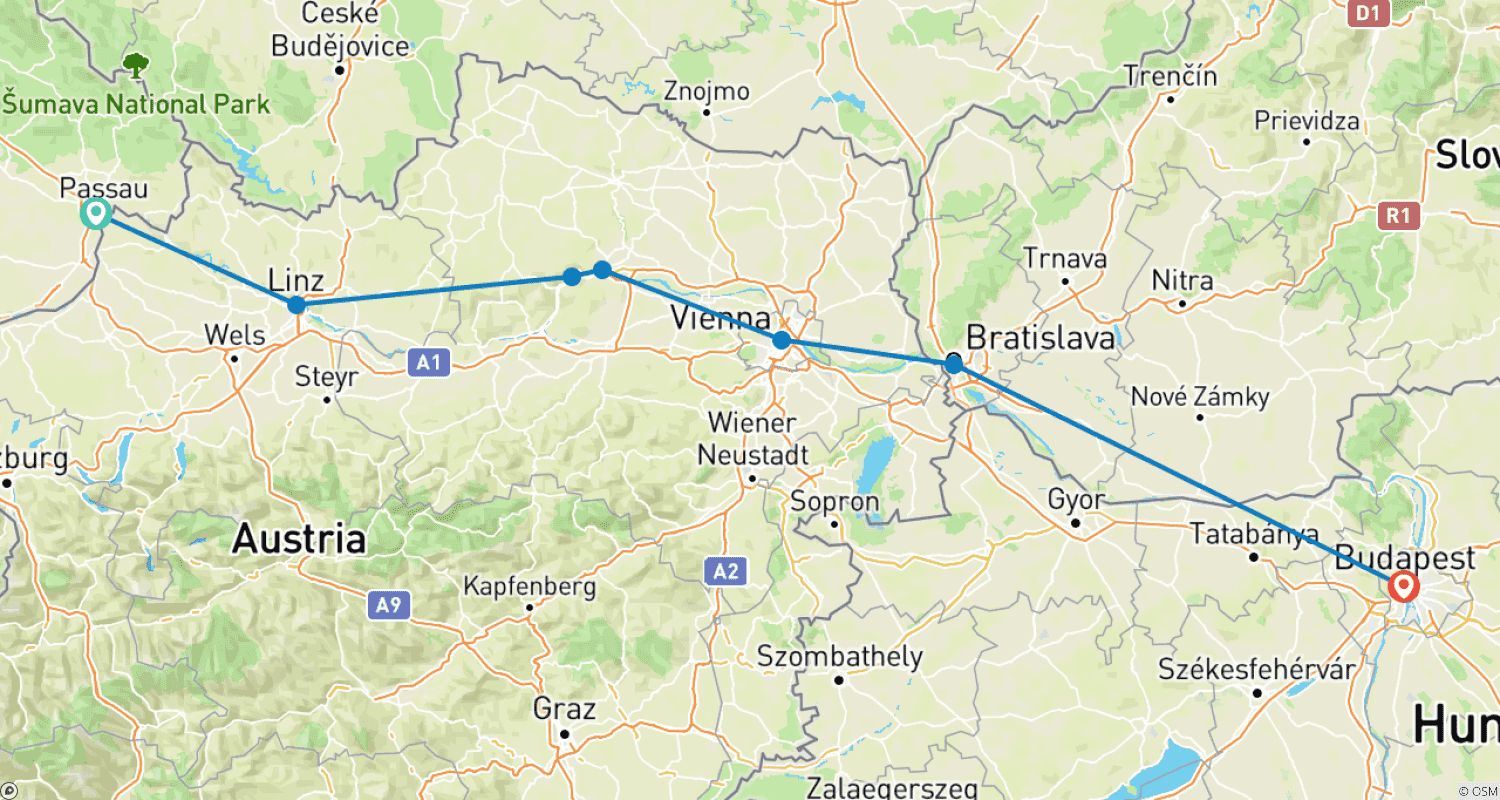Mapa do percurso de Danube Christmas Delights Passau to Budapest