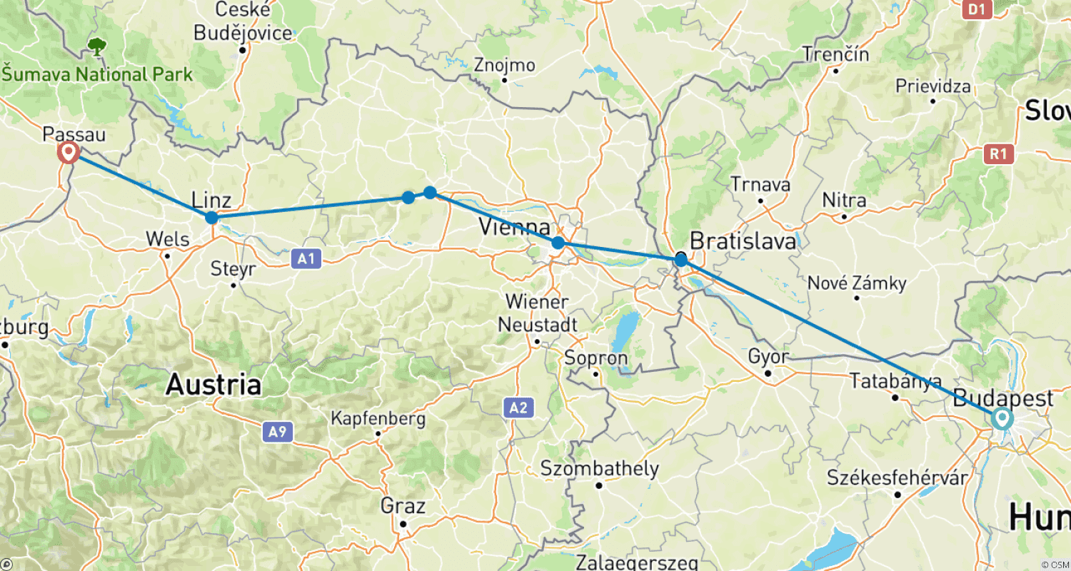 خريطة مسار Danube Christmas Delights Budapest to Passau