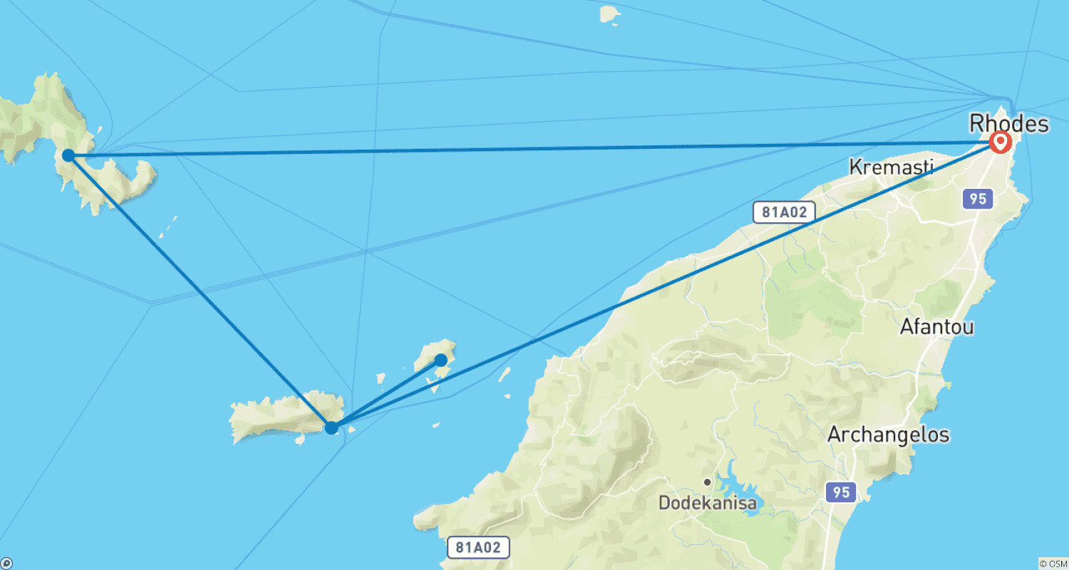 Mapa do percurso de Passeio entre Ilhas no Dodecaneso