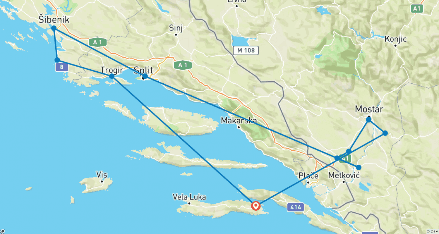 Mapa do percurso de UNESCO jewels of Croatia + discover Bosnia: all seasons 6 days tour from Korcula. Bosnia main attractions + famous Croatia Dalmatian towns Split, Sibenik and Trogir.