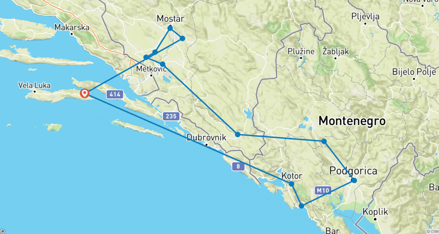 Mapa do percurso de Off-season discovery Bosnia + Montenegro 6 days tour from Korcula. Visit main attractions of Bosnia and Montenegro.