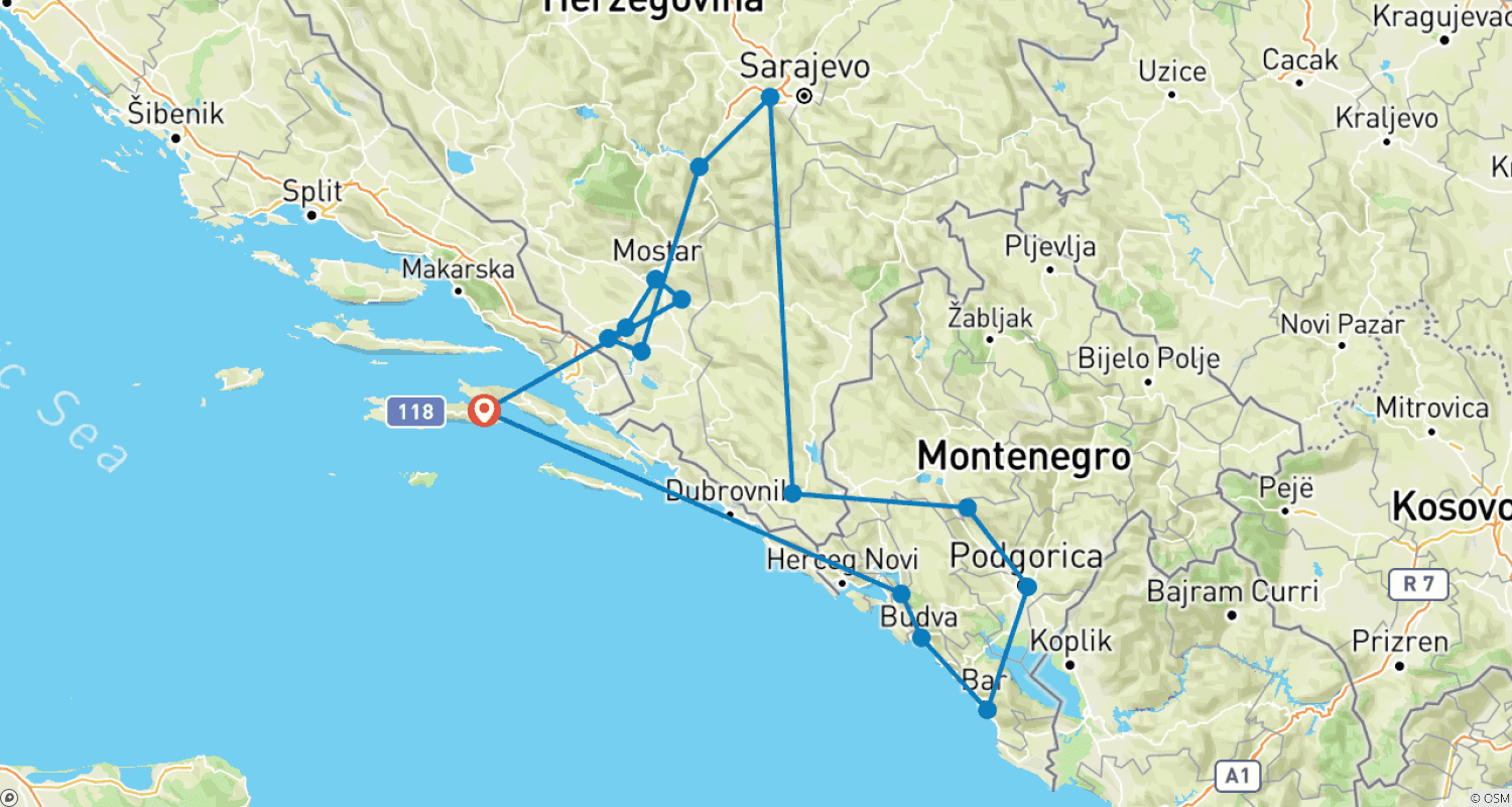 خريطة مسار Off-season Bosnia & Montenegro discovery 8 days tour from Korcula. Bosnia & Montenegro: visit main attractions of 2 countries.