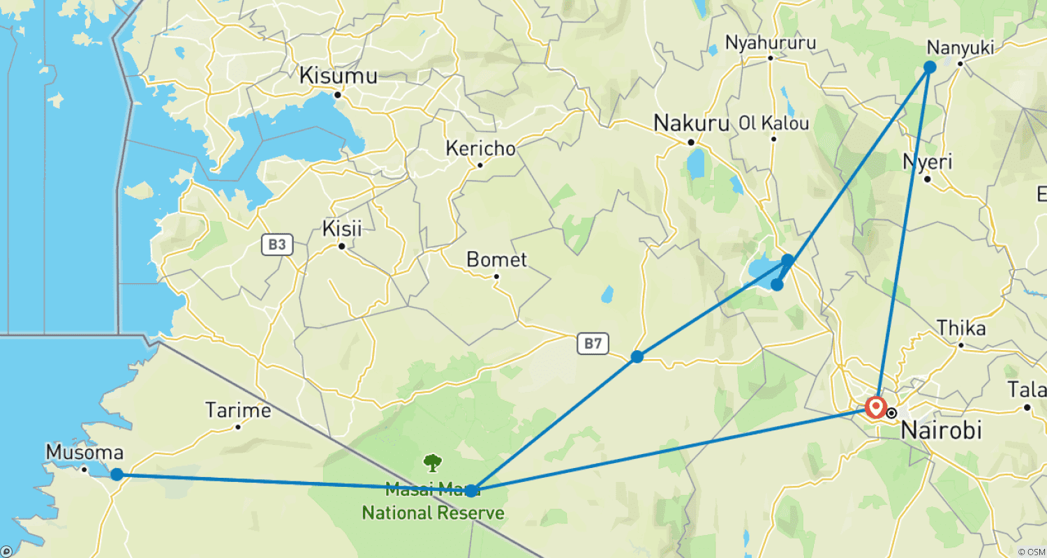 Mapa do percurso de 5-Day Sweetwaters, Naivasha and Masai Mara Photographic Luxury Safari