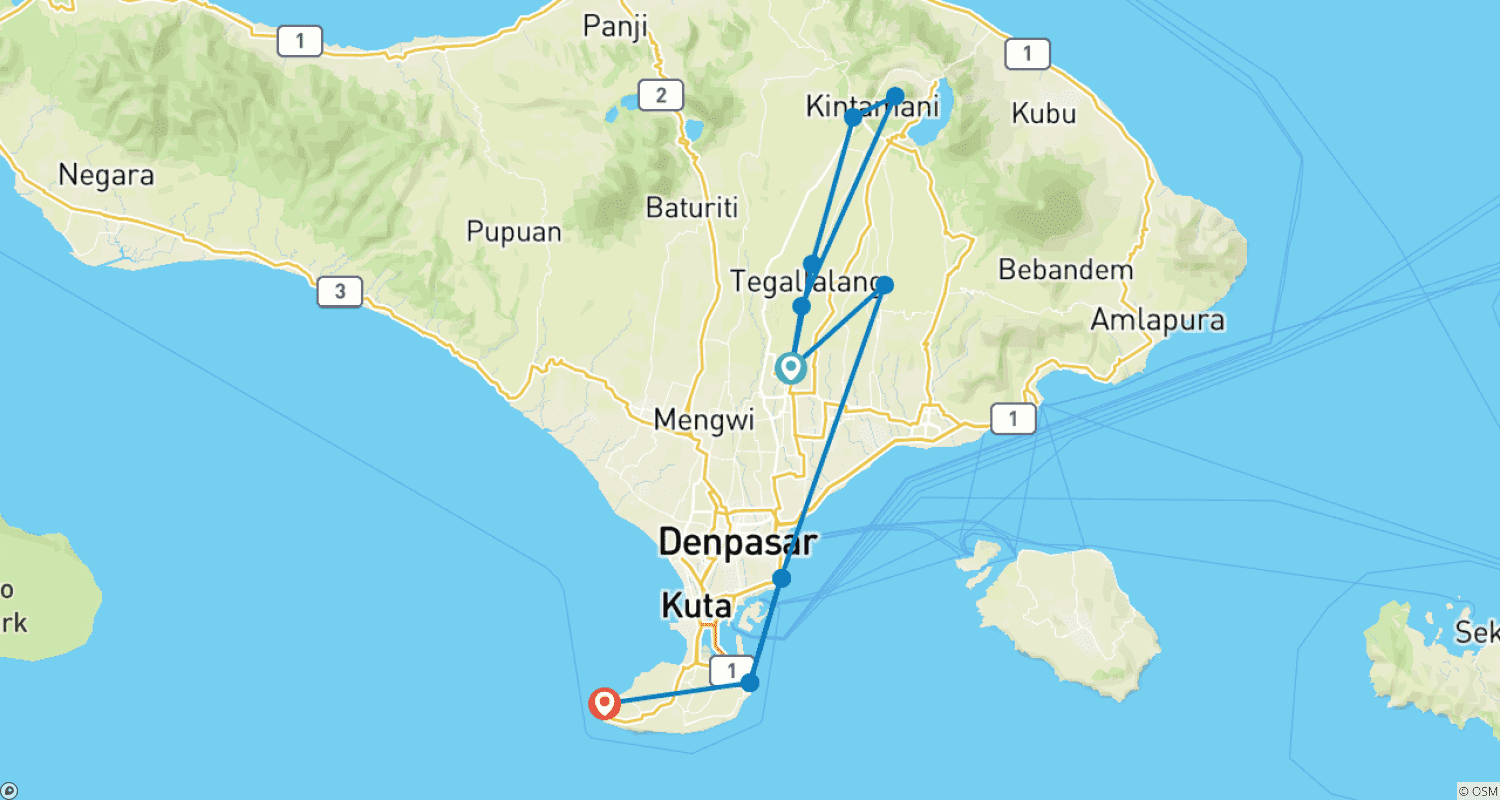 Mapa do percurso de Bali - praia e cultura combinadas em uma ilha