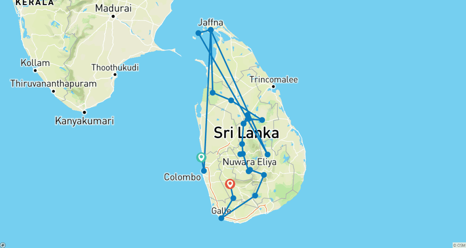 Mapa do percurso de Fascínio Sri Lanka com uma viagem paralela ao norte desconhecido (incluindo Ratnapura)