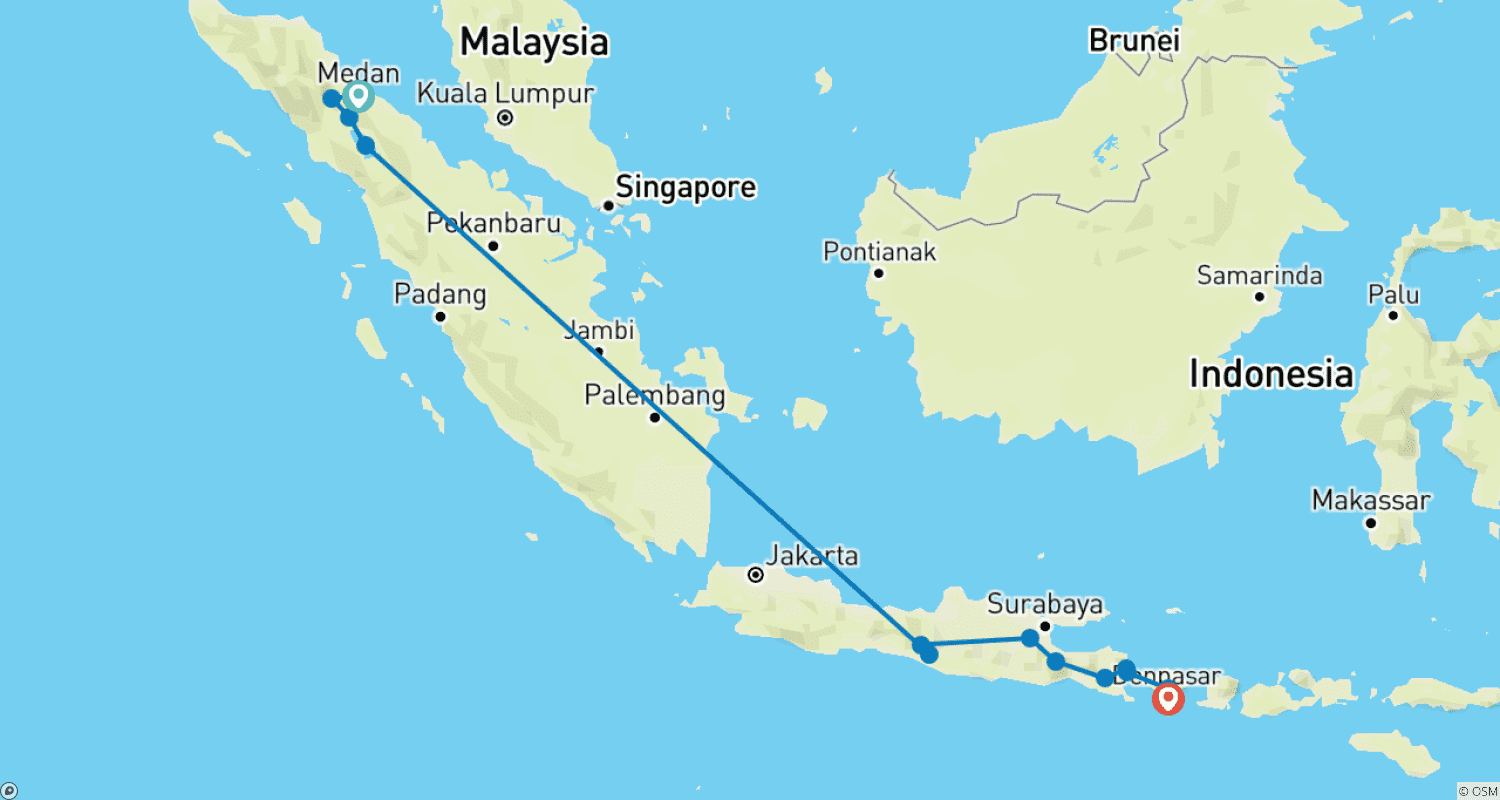Mapa do percurso de Natureza exuberante da Indonésia - viagem de ida e volta por Sumatra, Java e Bali