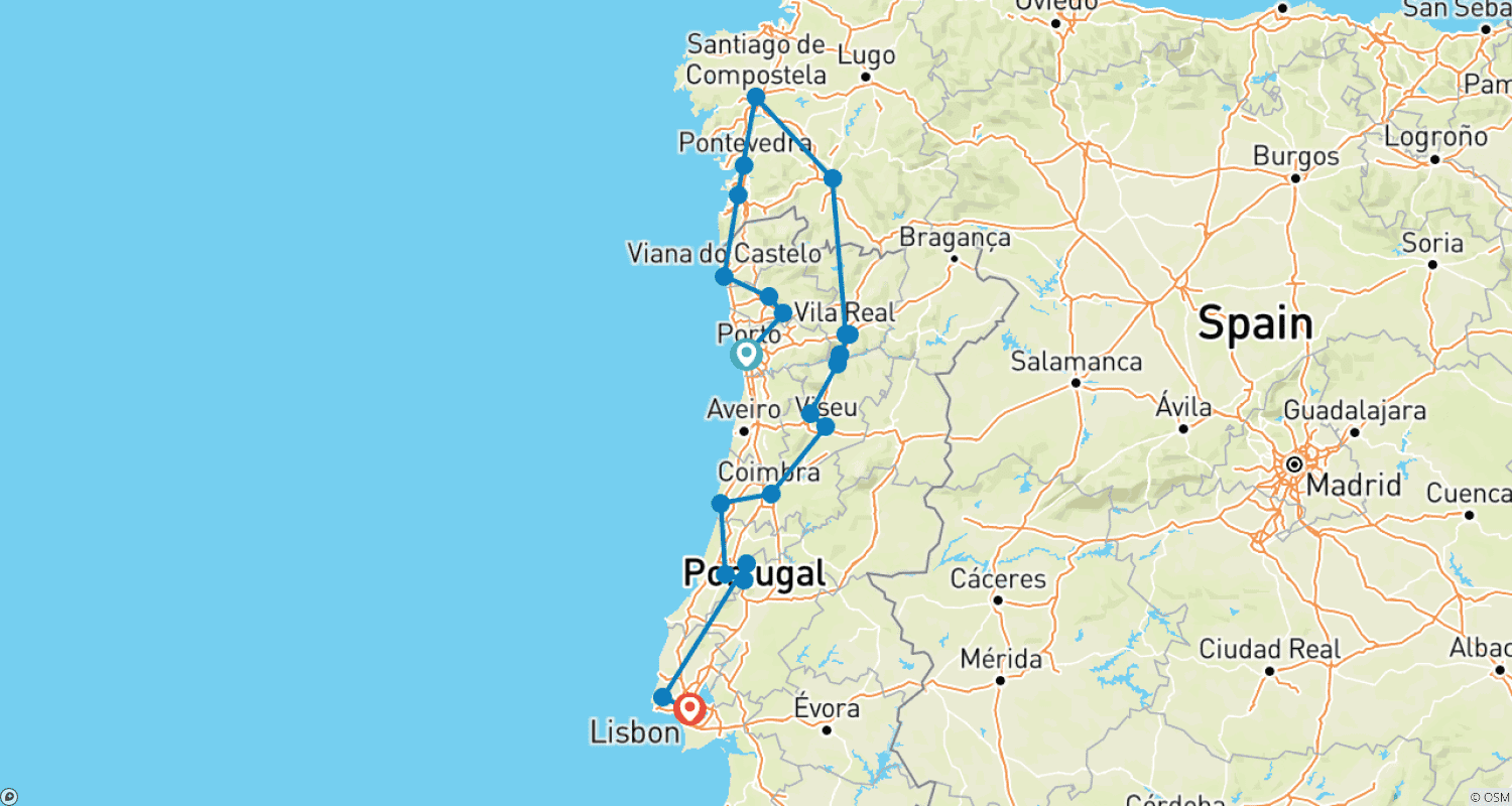 Mapa trasy: Portugalia spotyka Hiszpanię, podróż samochodem (wiele krajów)