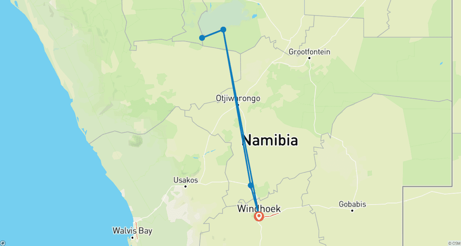 Mapa do percurso de 3 Dias de Exploração do Parque Nacional Etosha | Lodge Privado Guiado