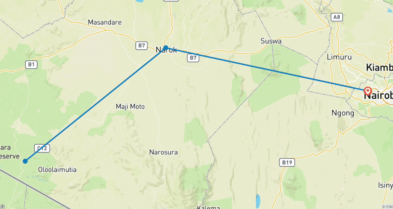 Mapa do percurso de Safari de 5 Dias em Masai Mara Combinado com Experiência de Passeio de Balão de Ar Quente