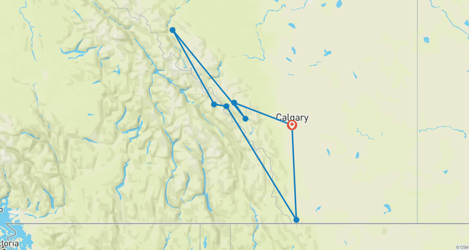 Mapa do percurso de Excursão de 5 Dias pelas Montanhas Rochosas Canadenses saindo de Calgary: Parques Nacionais Banff, Yoho, Campo de Gelo Columbia e Waterton
