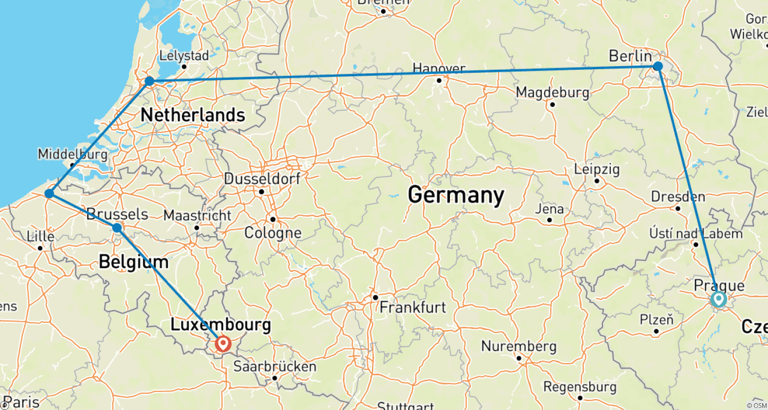 Mapa do percurso de Benelux e Praga: 5 países em 9 dias