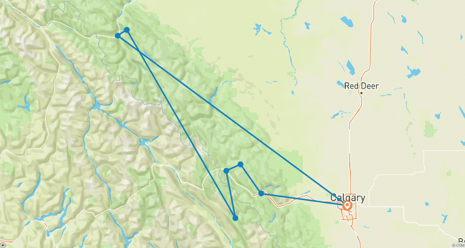 Mapa do percurso de Excursão de Aventura de 6 Dias pelas Montanhas Rochosas Canadenses: Destaques de Banff, Yoho, Kootenay e Lake Louise