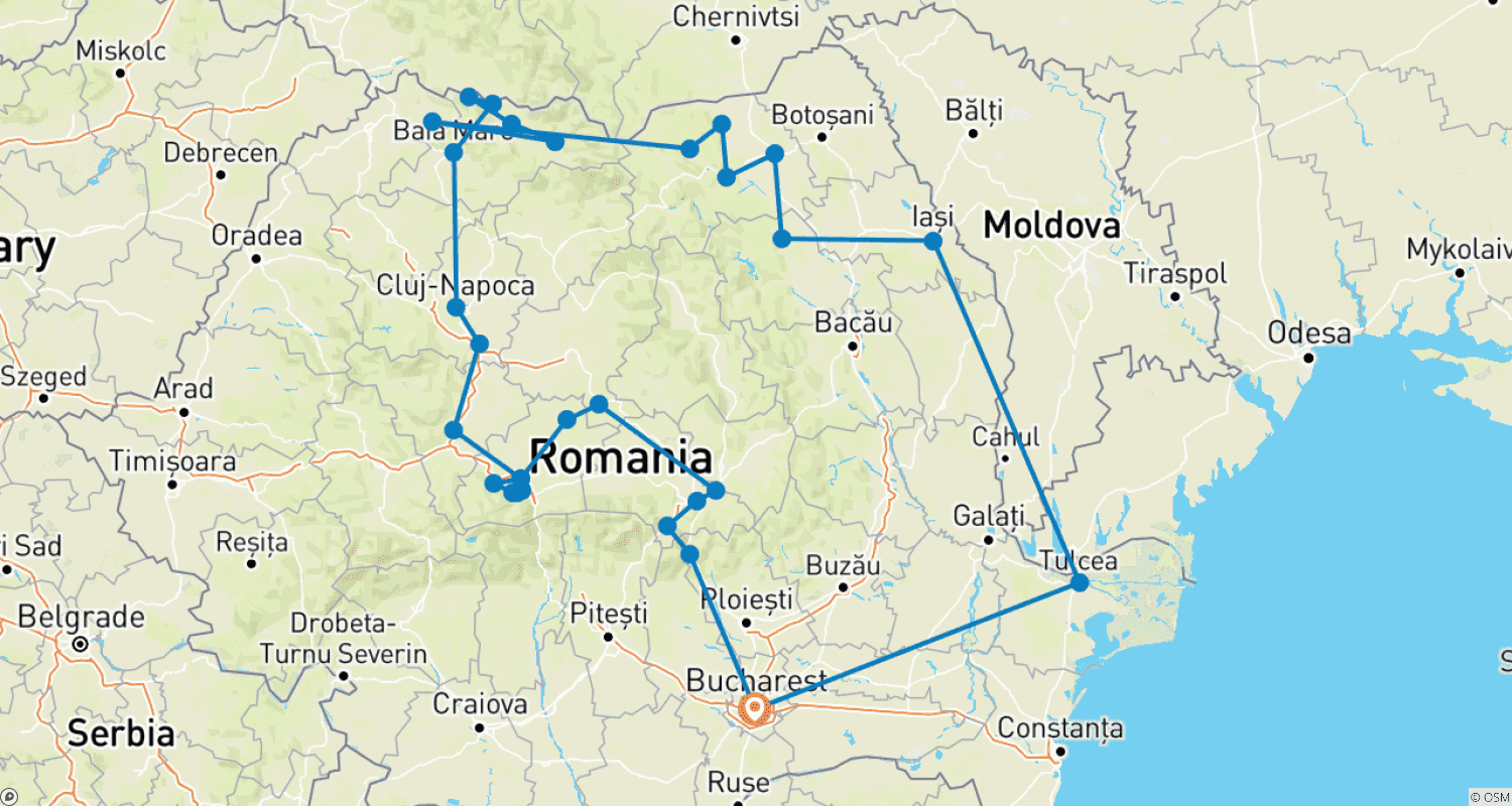 Mapa trasy: Najważniejsze atrakcje RUMUNII