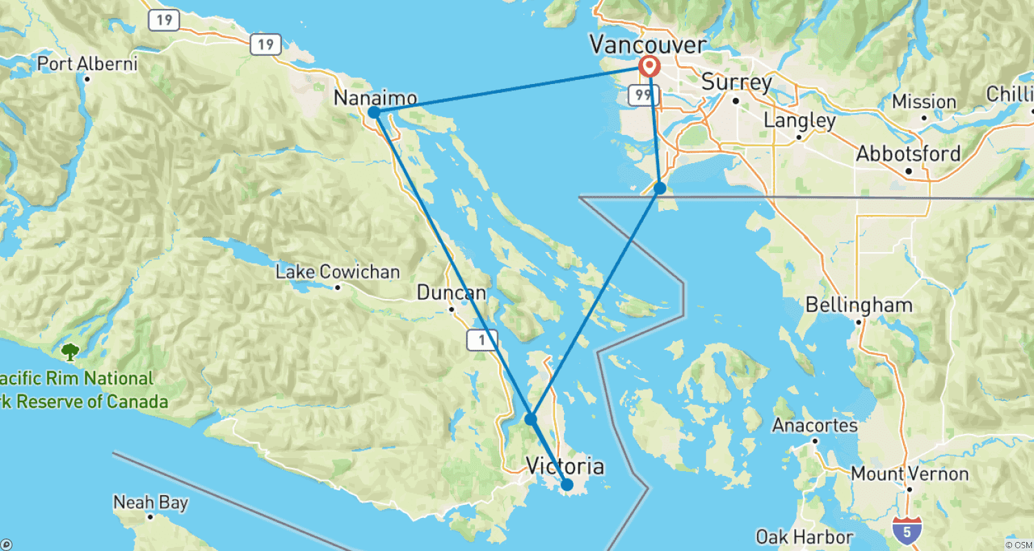 Mapa do percurso de Vancouver, Victoria, Nanaimo: Tour Explorador de 2 dias