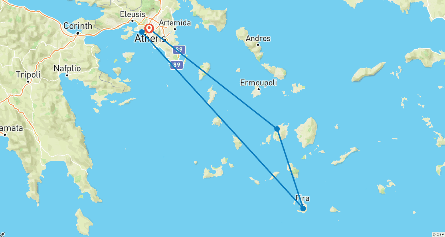 Mapa do percurso de 5 dias em Paros e Santorini saindo de Atenas com hotéis 4*