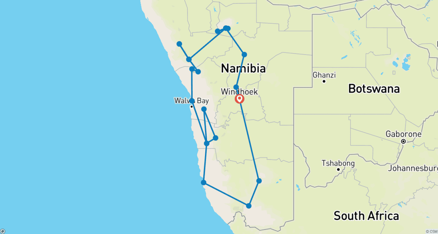 15 Days All About Namibia | Private Guided Lodgeのルートマップ