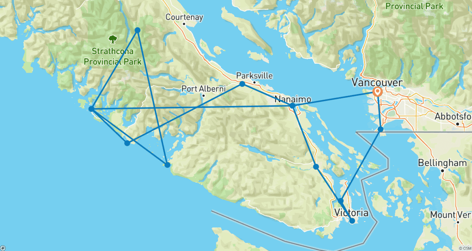 خريطة مسار جولة مغامرة في الجزيرة لمدة 4 أيام: فانكوفر، فيكتوريا، Ucluelet، Tofino، Nanaimo