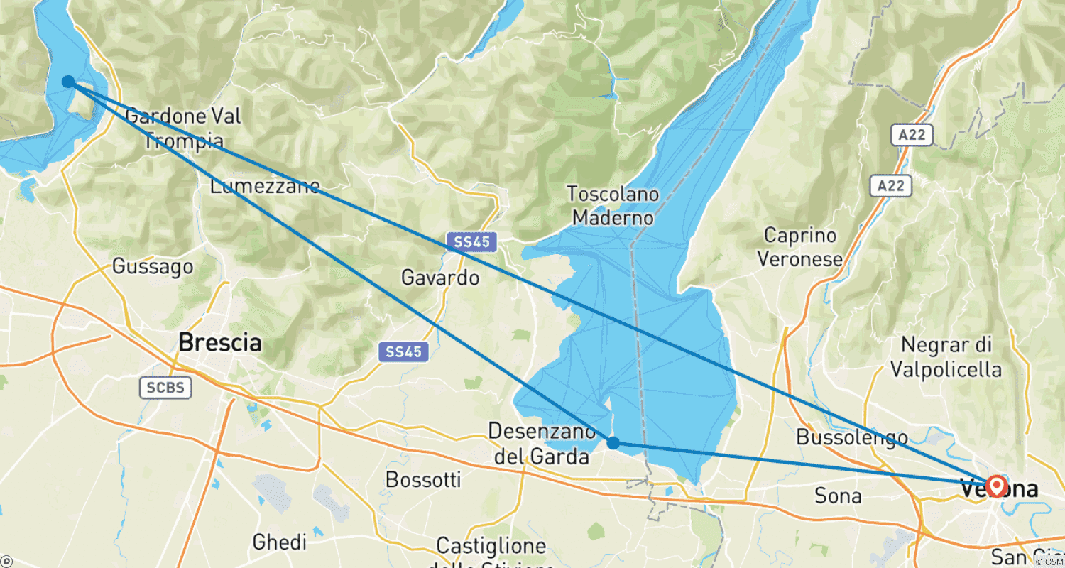 Mapa do percurso de Tour de Vinho Privado, Franciacorta, Lago de Garda e Verona - Tour de 5 Dias