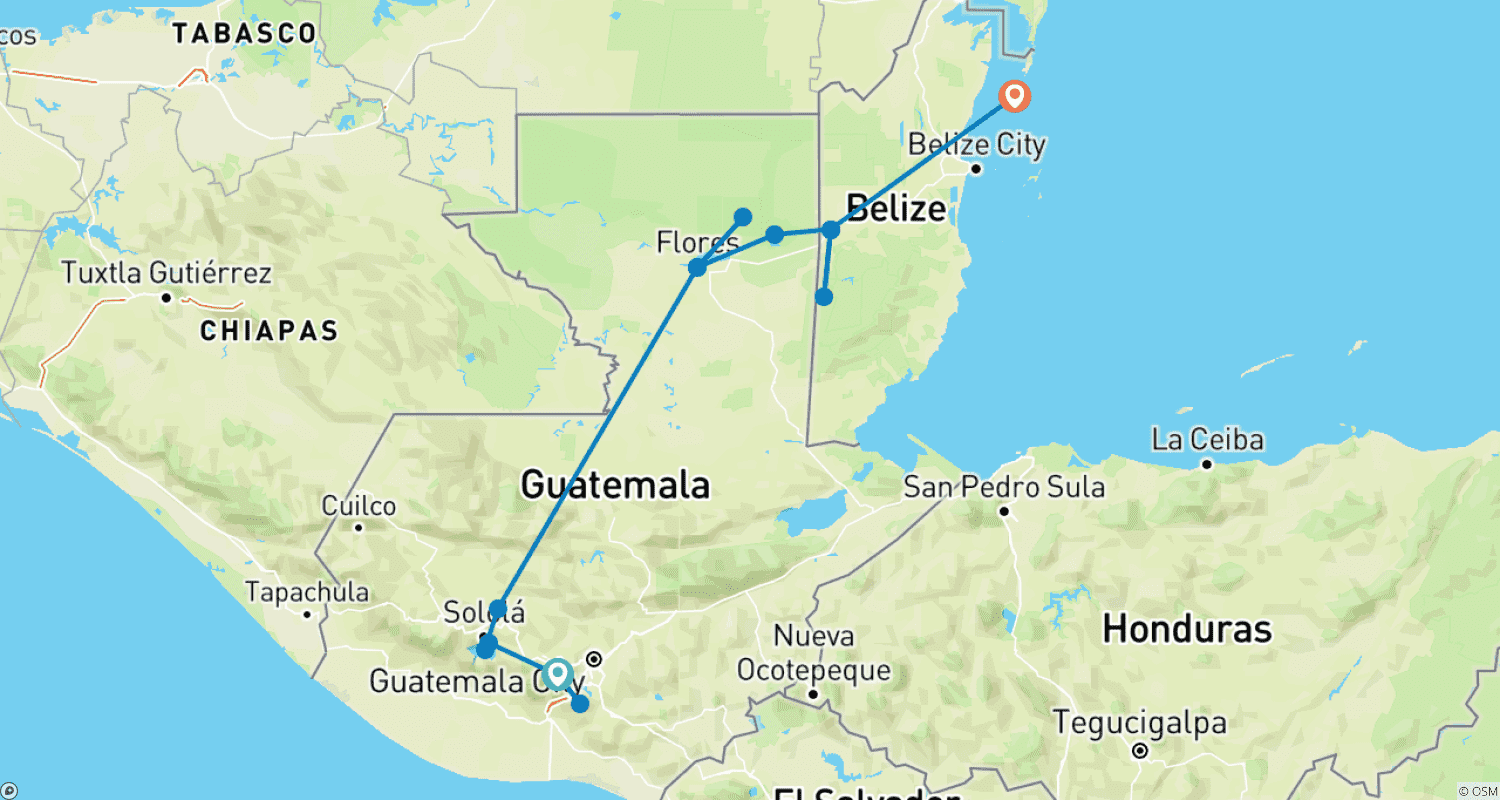 Mapa do percurso de O Melhor da Guatemala e Belize