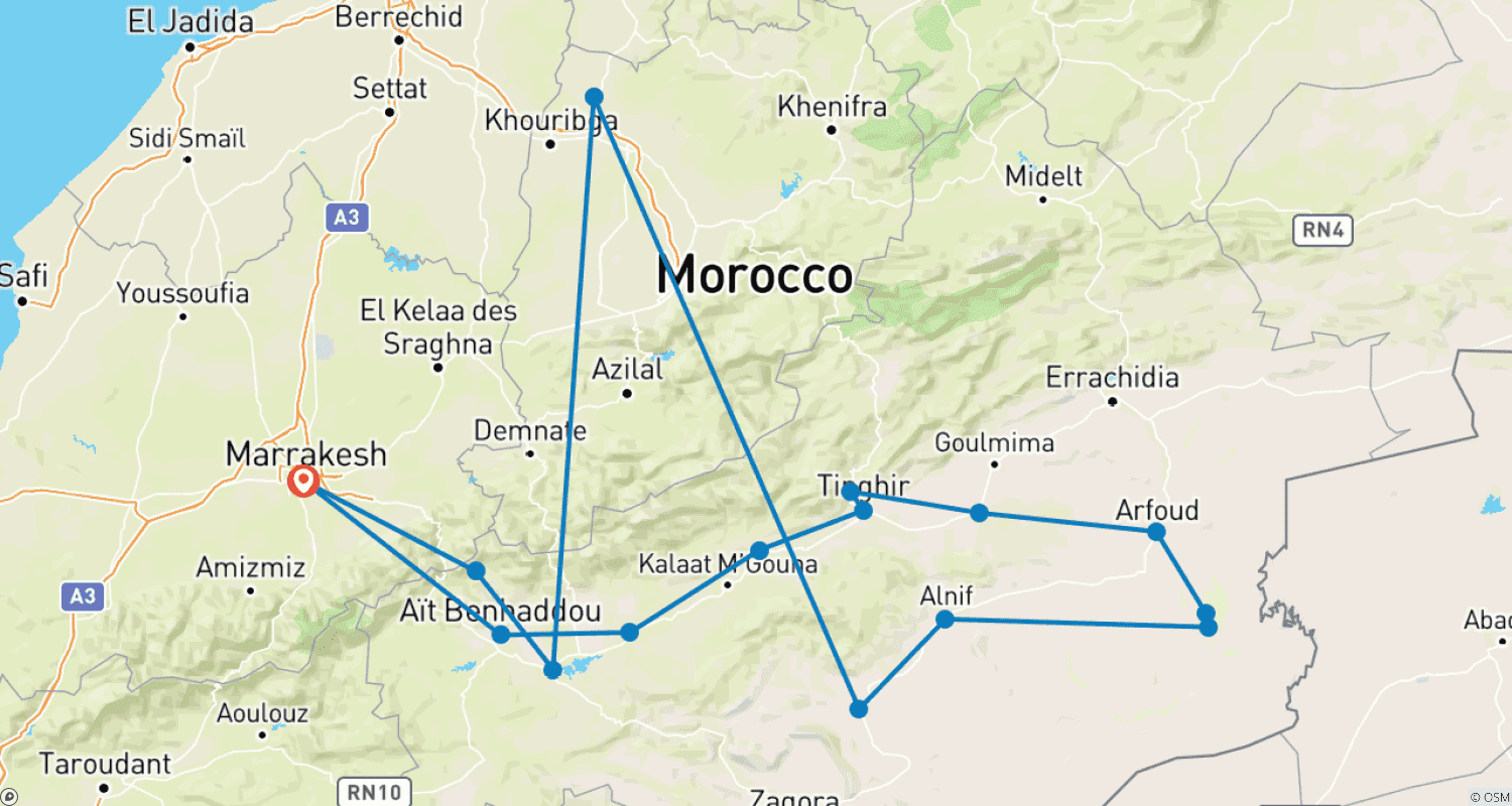 Mapa do percurso de Tour de 4 Dias pelo Deserto de Marrocos saindo de Marraquexe