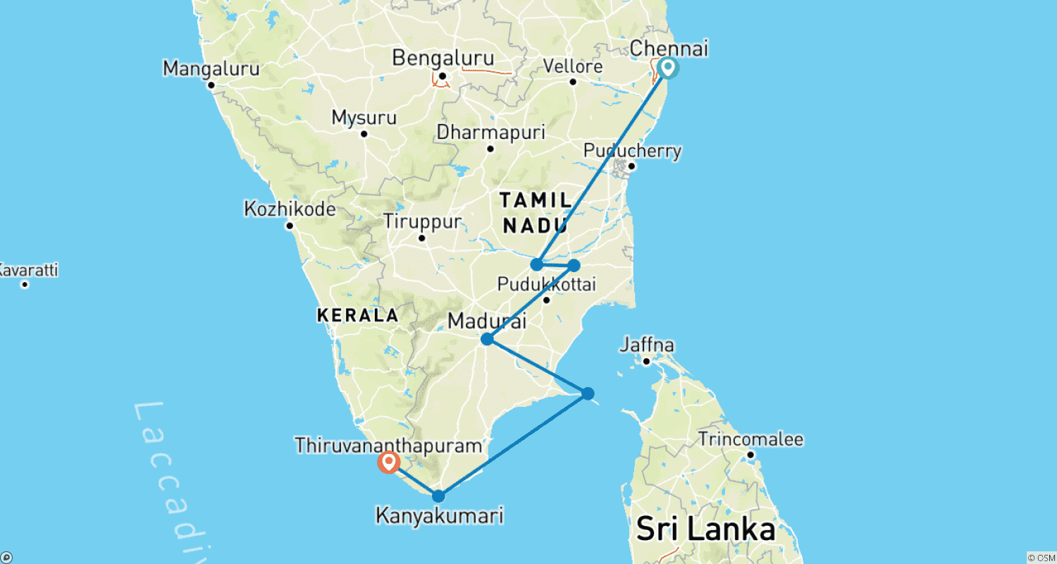Mapa trasy: Wycieczka po świątyniach Tamilnadu (Niedroga wycieczka)
