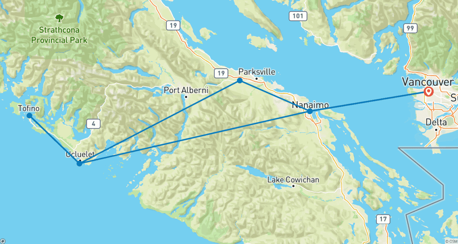 Mapa do percurso de Vancouver para Nanaimo, Ucluelet, Tofino Tour Privado de 2 Dias pela Cidade Portuária