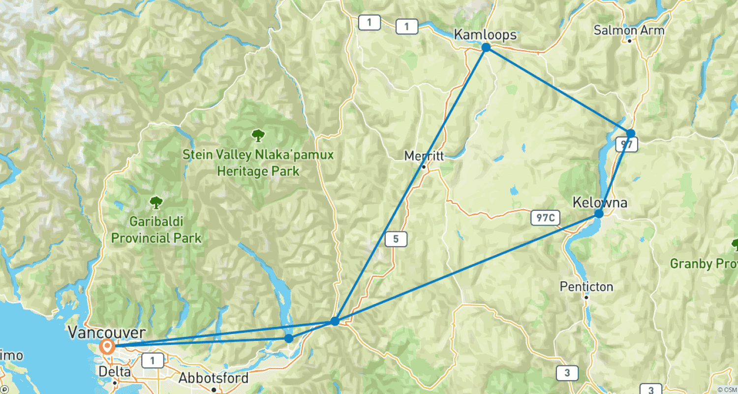 Mapa trasy: 2-dniowa wycieczka do Vancouver, Kelowna, Jeziora Okanagan, Vernon i Kamloops