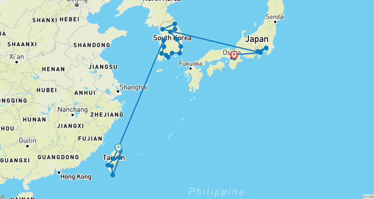 Mapa trasy: Japonia, Korea i Tajwan: Potrójna Rozkosz