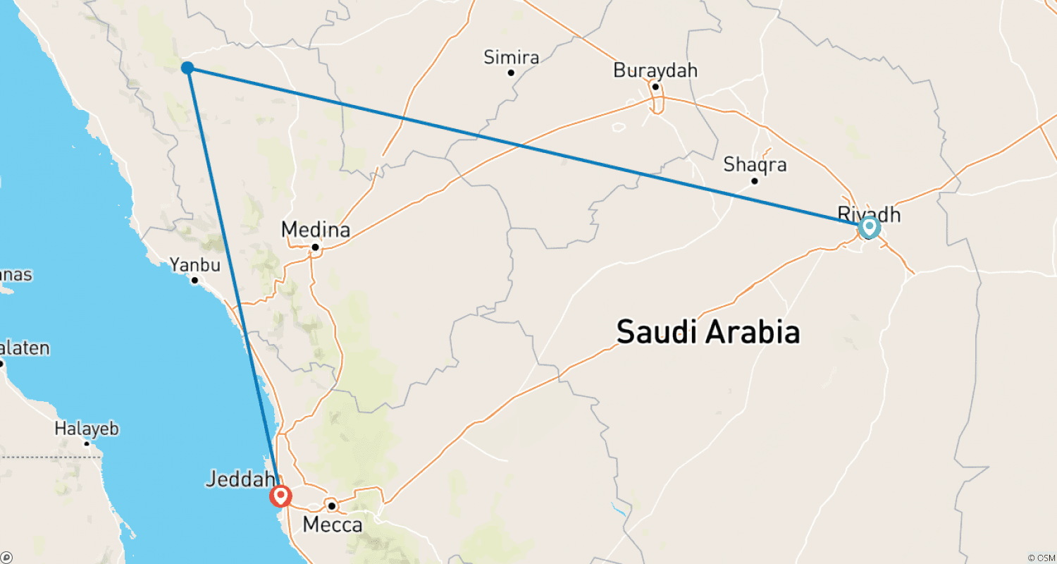 Mapa do percurso de Pacote Turístico Riade, Mada'in Saleh & Jidá - 7 Dias