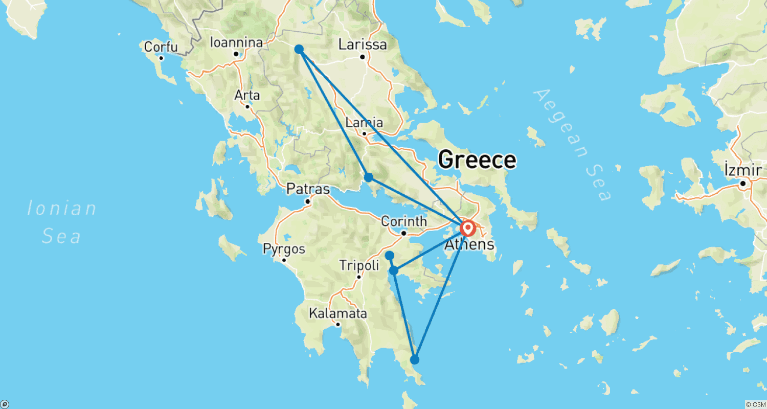 6日間ギリシャ遺産巡りツアー - デルフィ、メテオラ、ナフプリオ、モネンバシアのルートマップ