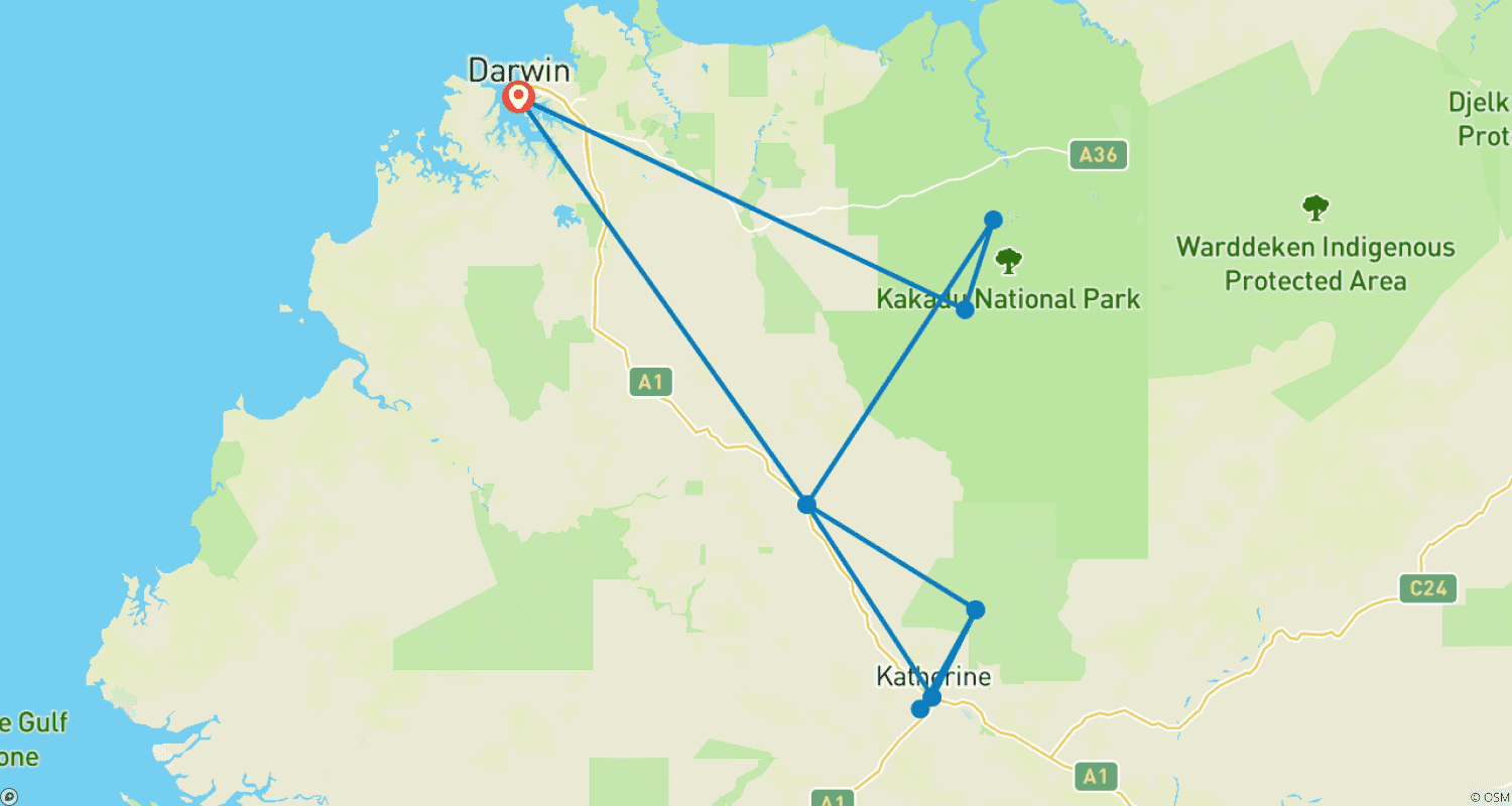 Mapa do percurso de Experiência Confortável de 4 Dias em Kakadu, Katherine Gorge e Arnhem Land