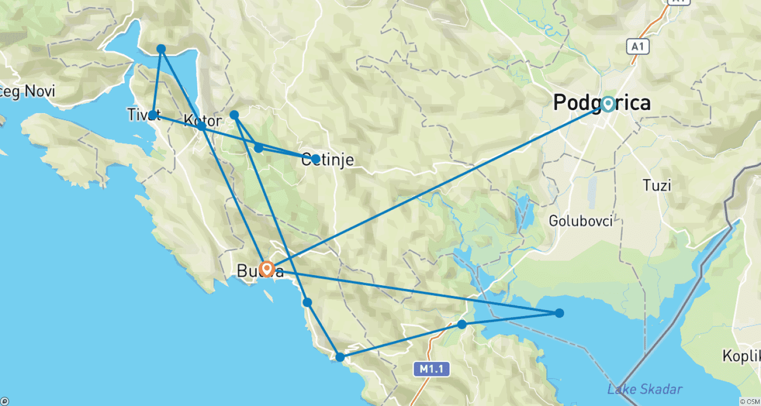 5日間 モンテネグロの旅のルートマップ