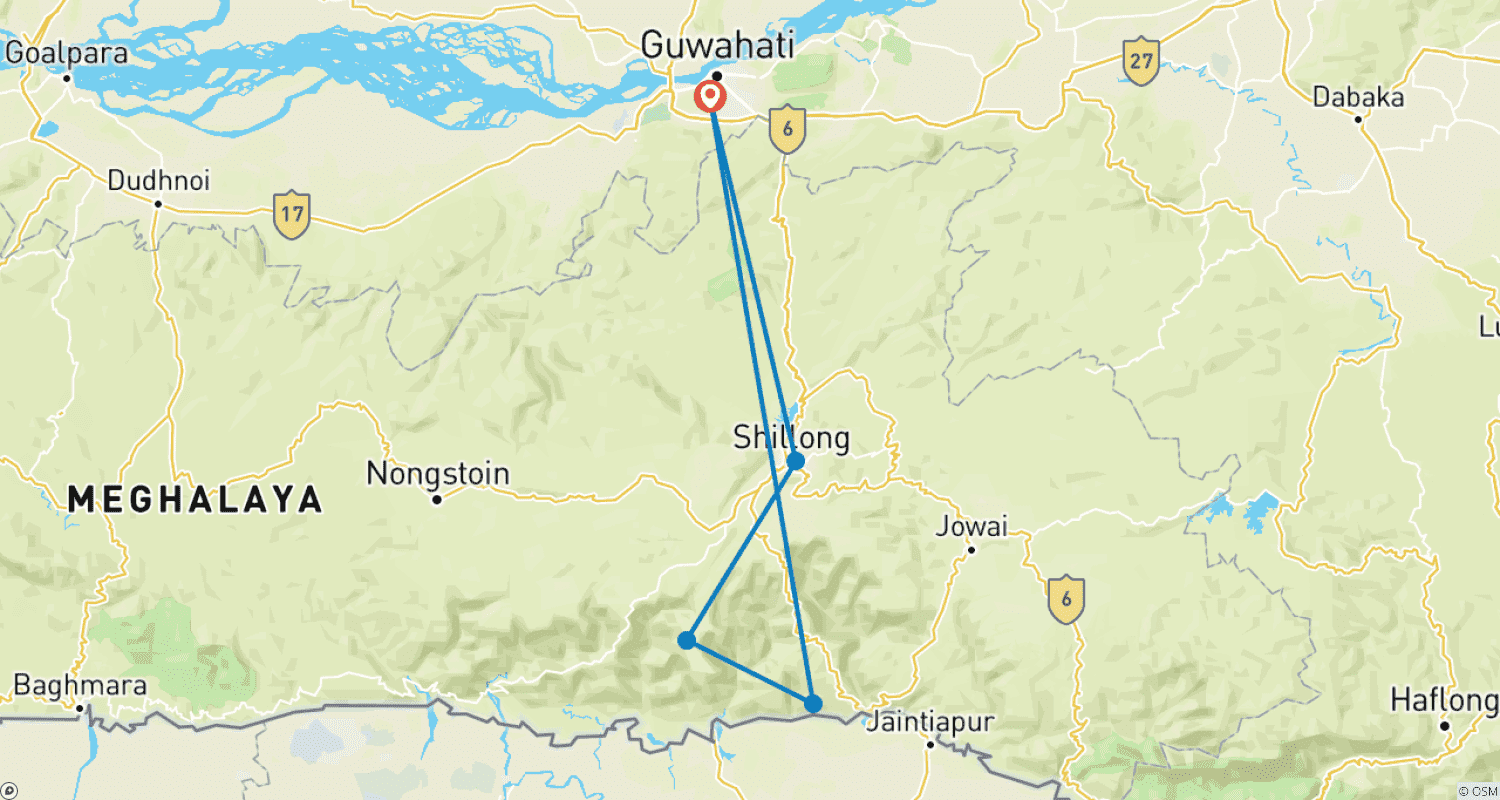 Mapa do percurso de Meghalaya (Um Tour Econômico)