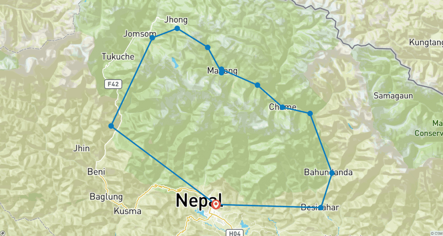 Mapa do percurso de Trekking do Circuito Annapurna - 13 Dias