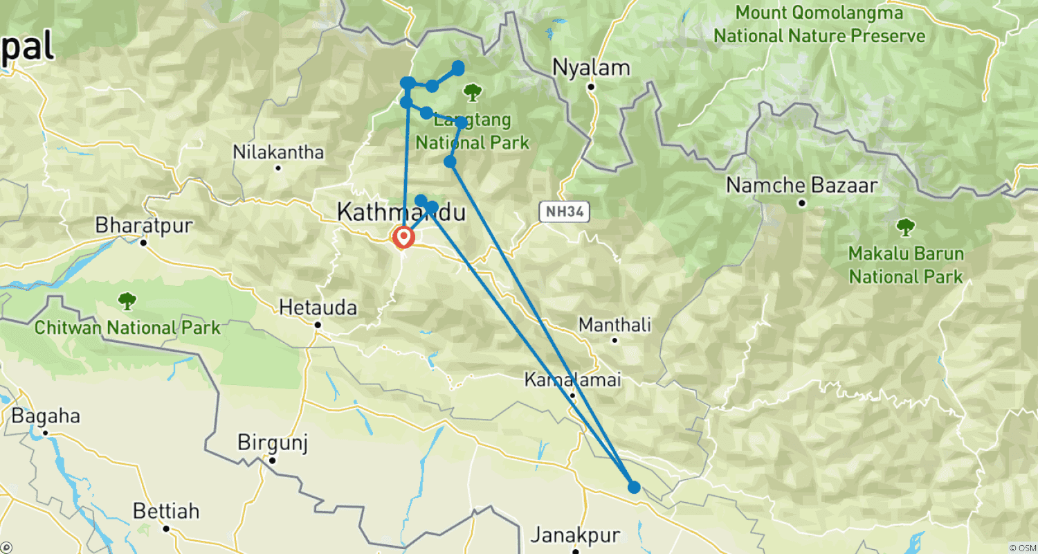 Mapa trasy: Trekking po Pętli Langtang - 17 Dni