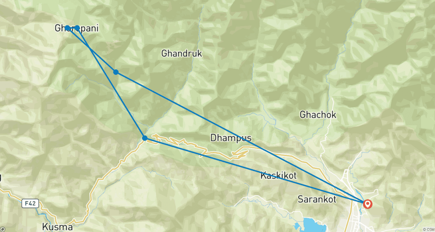 Mapa do percurso de Poon Hill Trek - 3 Dias - De Pokhara a Pokhara