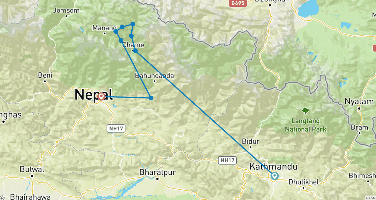 Mapa do percurso de Nar Phu Valley Trek - 11 Dias
