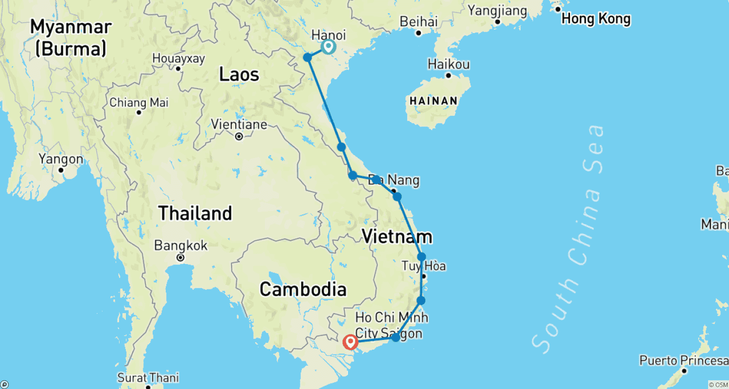 Mapa do percurso de Passeio de Moto no Vietnã pela Trilha Ho Chi Minh e ao Longo da Costa