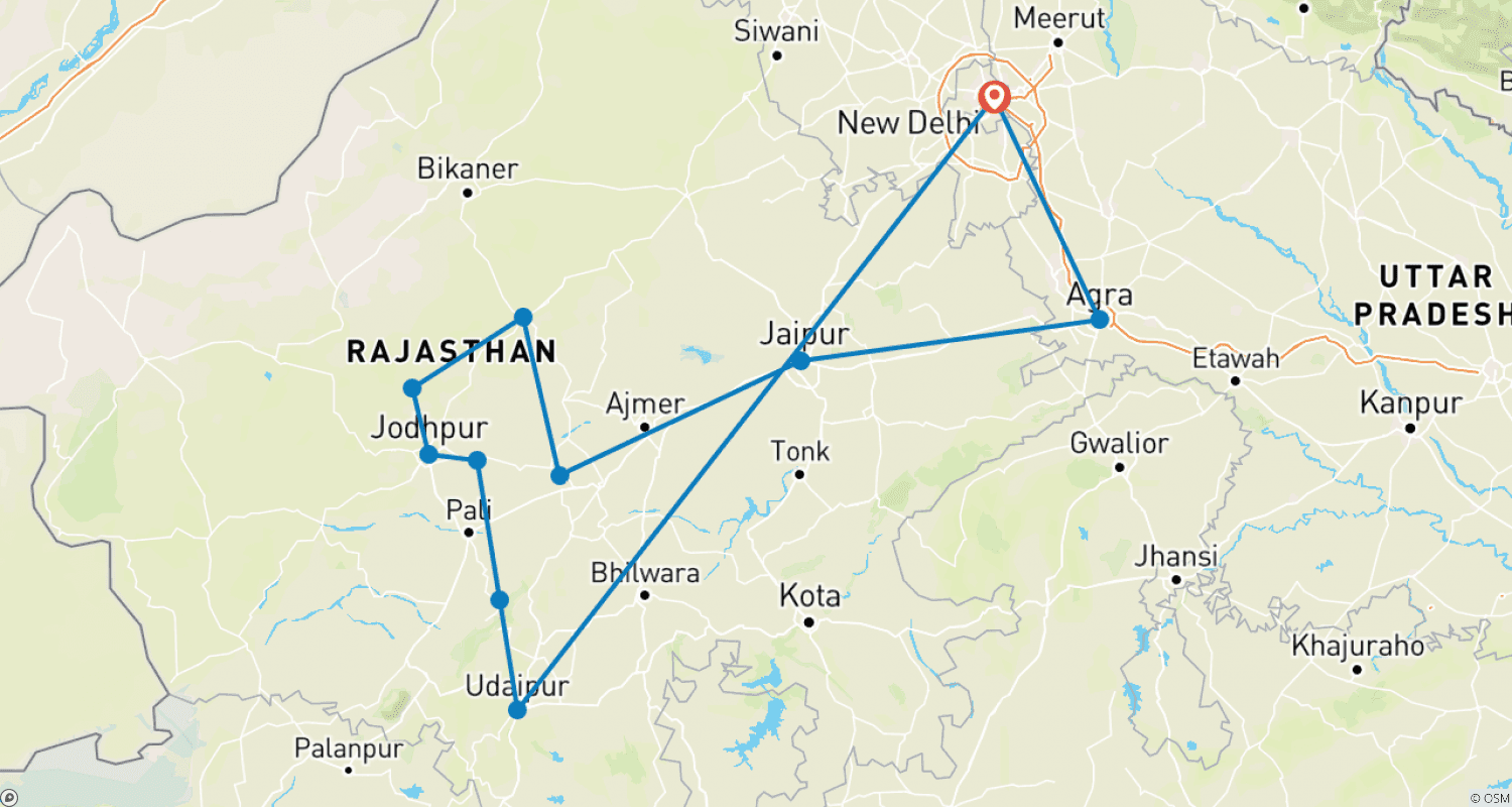 Mapa do percurso de O Tour de Luxo Exclusivo do Rajastão (ÍNDIA) - 16 Dias (Tudo Incluído)