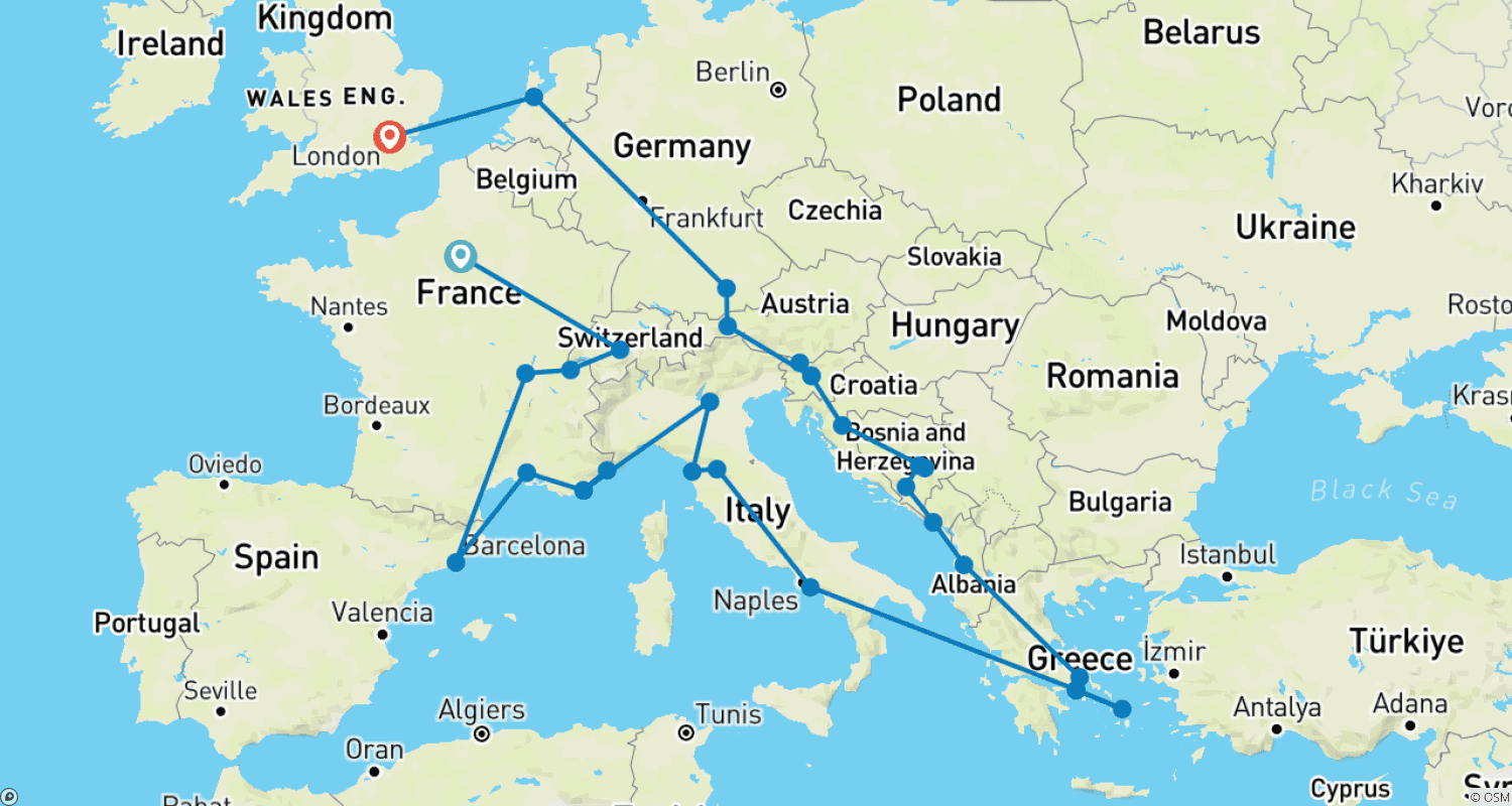 Mapa trasy: Europejski Poszukiwacz Przygód (Początek Paryż)